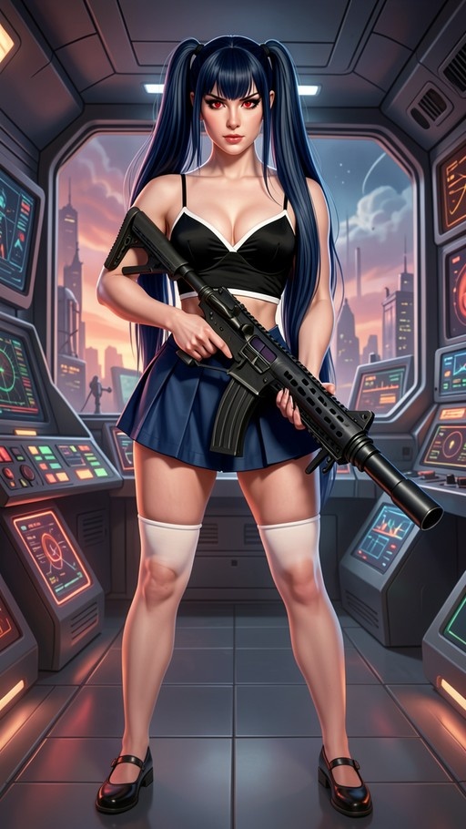 A full-body shot of a blue-haired anime girl with red eyes holding an assault rifle inside a futuristic control room with a city view outside.