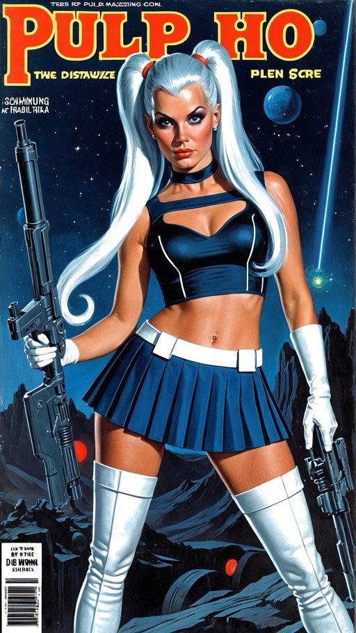 A retro-style pulp magazine cover showing a woman with white twin-tail hair holding two large guns in a sci-fi setting.
