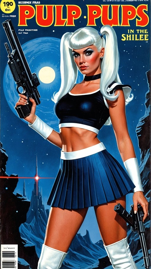 A white-haired woman in a black crop top and blue skirt holds two guns on a 'Pulp Pups' magazine cover with a moonlit sky background.