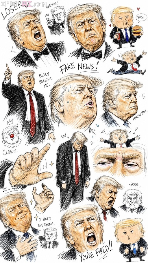 A collage of Donald Trump caricatures in sketch and chibi styles with text bubbles reading Fake News and You're Fired.
