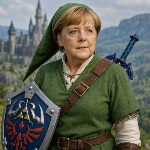 Angela Merkel dressed as Link from The Legend of Zelda holding a shield