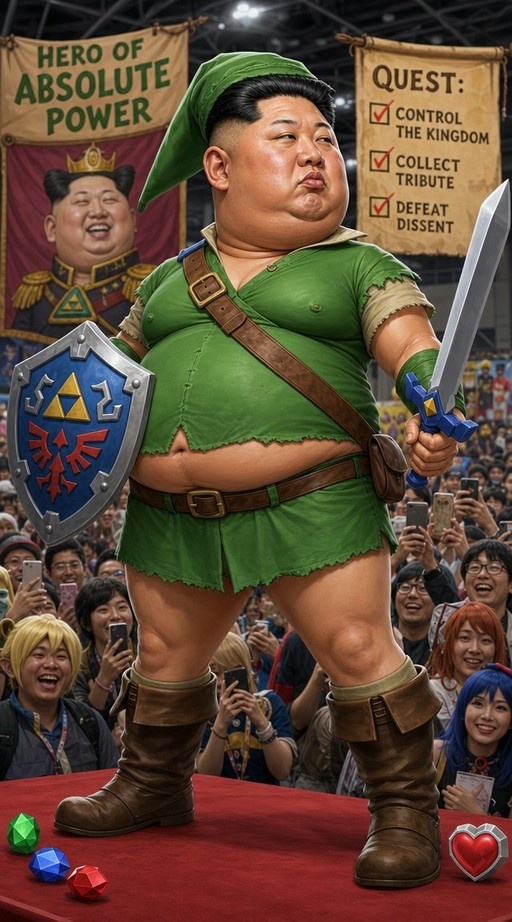 A heavyset man resembling Kim Jong Un in a green tunic and hat holding the Master Sword and Hylian Shield stands on a red carpet at a convention.