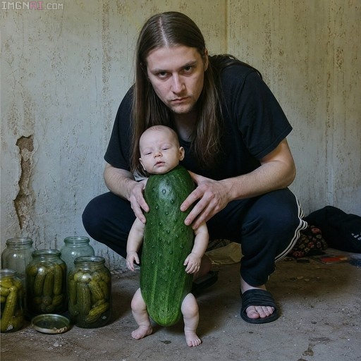 A realistic image of a man with long brown hair squatting behind a baby that has the body of a giant green cucumber, surrounded by jars of pickles on a concrete floor.