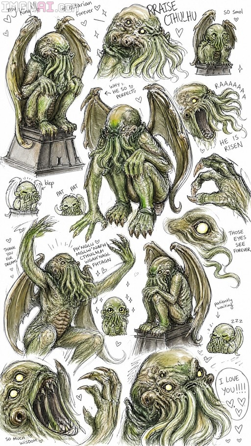A character sheet showing a cute green winged monster with tentacles resembling Cthulhu in various poses including sitting on a pedestal, roaring, and waving.