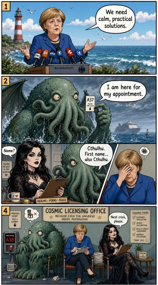 A four-panel comic showing Angela Merkel by the ocean, Cthulhu arriving for an appointment, and both waiting in a cosmic licensing office while filling out forms.