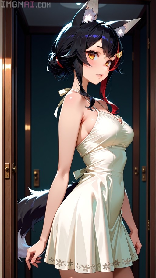 Ookami Mio in a white slip dress looking back with wolf ears and tail visible.