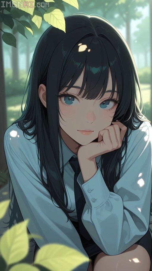 Anime-style portrait of a young woman with long black hair and blue eyes, wearing a white shirt and black tie, resting her chin on her hand outdoors.