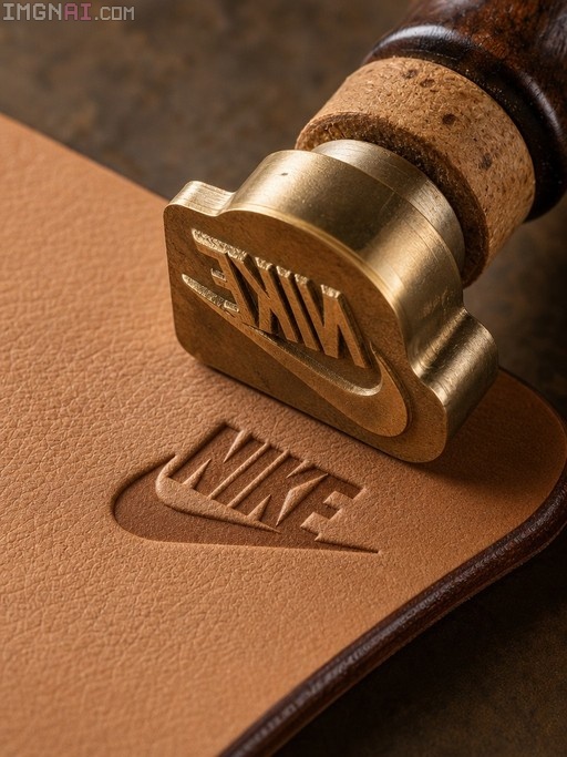 A close-up of a brass Nike branding stamp pressing into tan leather.