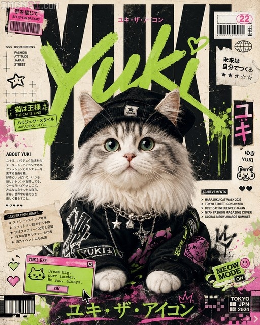 A fluffy white and grey cat with green eyes wearing a black beanie and chain necklace, centered on a Japanese street-art style magazine cover featuring graffiti typography.