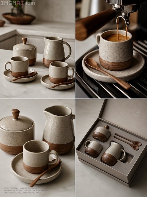A collage showing the Lunara Espresso Set made of stoneware and walnut, including shots of coffee being poured, the full set on a counter, and the items in a gift box.