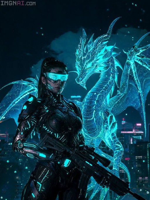 Cyberpunk woman in black armor holding a rifle stands beside a large blue holographic dragon in a futuristic city at night.