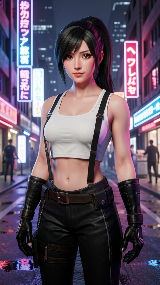 Tifa Lockhart from Final Fantasy VII standing on a neon-lit street at night wearing a white crop top and suspenders.