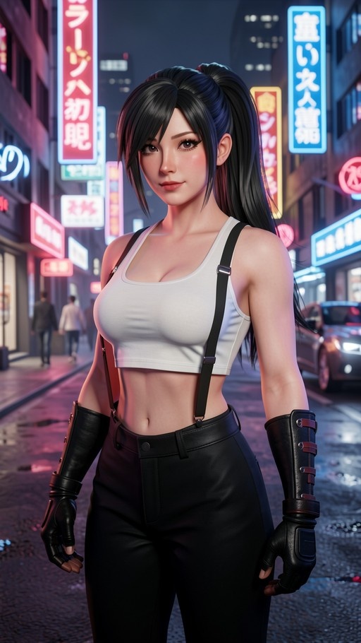 A digital illustration of Tifa Lockhart from Final Fantasy VII standing on a neon-lit street at night, wearing her signature white tank top and black pants with suspenders.