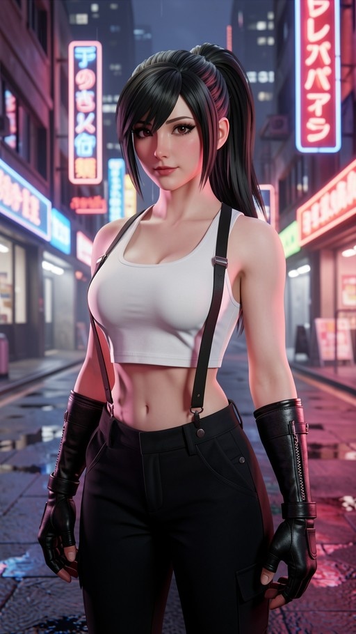 Tifa Lockhart from Final Fantasy VII stands on a neon-lit city street at night wearing a white crop top and black suspenders.