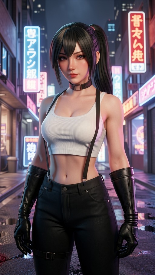 A digital illustration of Tifa Lockhart from Final Fantasy VII standing on a street at night with neon signs in the background, wearing her signature white tank top and black pants with suspenders.