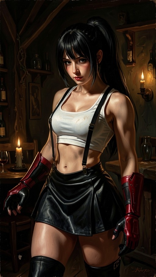 Digital illustration of Tifa Lockhart from Final Fantasy VII standing in a dimly lit bar with candles, wearing her iconic white tank top, black suspenders, and red gauntlets.
