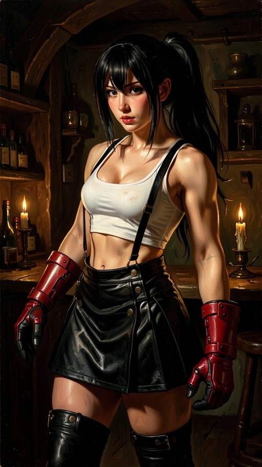 Tifa Lockhart from Final Fantasy VII standing in a candlelit bar wearing her signature outfit with red gauntlets