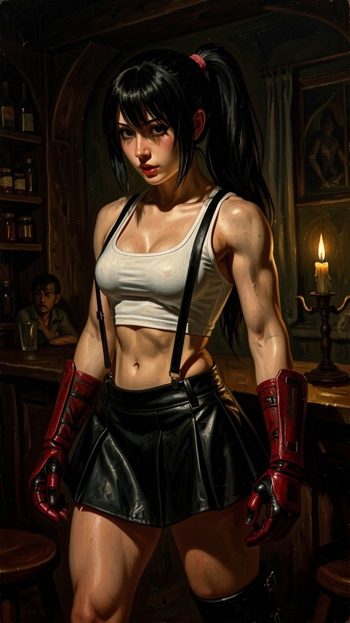 Digital painting of Tifa Lockhart from Final Fantasy VII standing in a dimly lit bar with candles and wooden shelves.