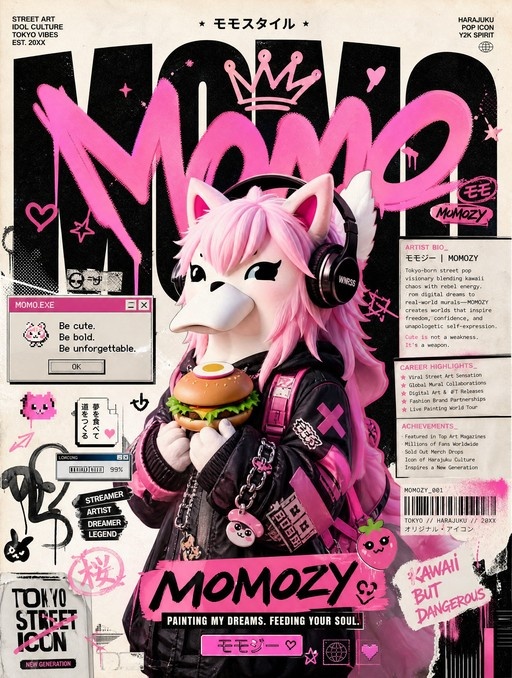 Pink-furred bird idol MOMOZY holding a burger against a Harajuku street-art magazine cover background.