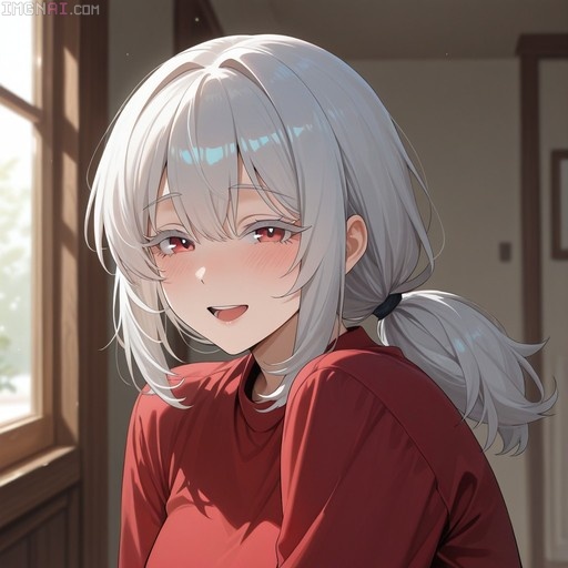 Anime-style illustration of a white-haired girl with red eyes, wearing a red shirt and smiling near a sunlit window.