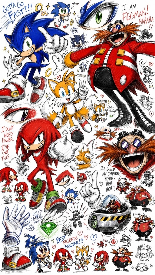 Colorful sketch sheet of Sonic, Tails, Knuckles, and Dr. Eggman with text bubbles and chibi versions.