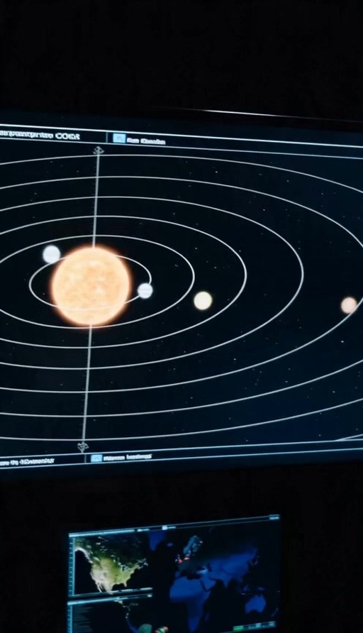 A man looks shocked while viewing a solar system diagram on a monitor, followed by a shot of a garden at night as a massive explosion lights up the sky.