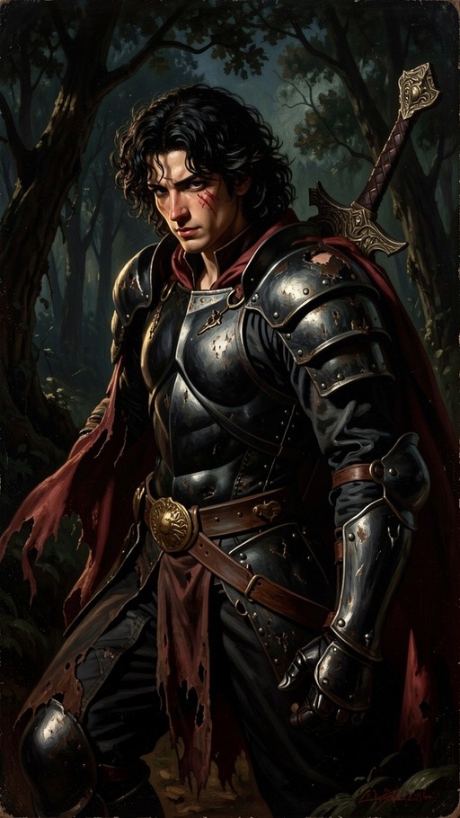 A dark fantasy warrior with black hair and pointed ears stands in a forest wearing battered plate armor and a tattered red cape, with an ornate sword on his back.