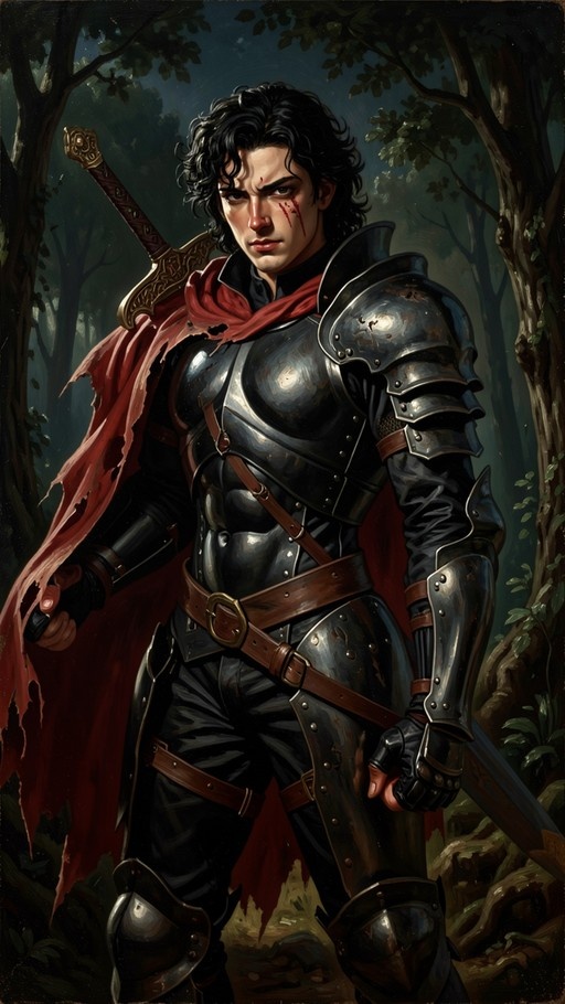 A young man with black hair and blood on his face stands in a forest wearing black armor and a red cape while holding a sword.