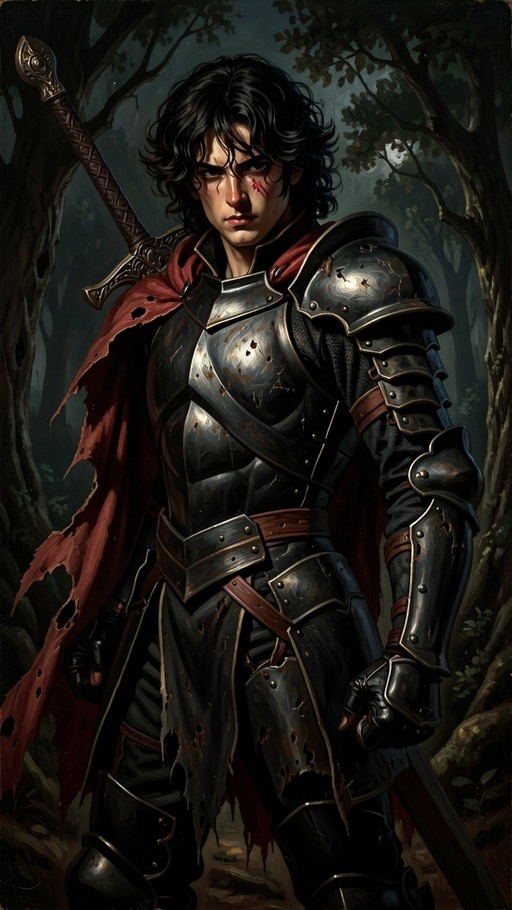 A young man with black hair and facial scars wearing dark plate armor and a tattered red cape stands in a dark forest holding a sword under moonlight.