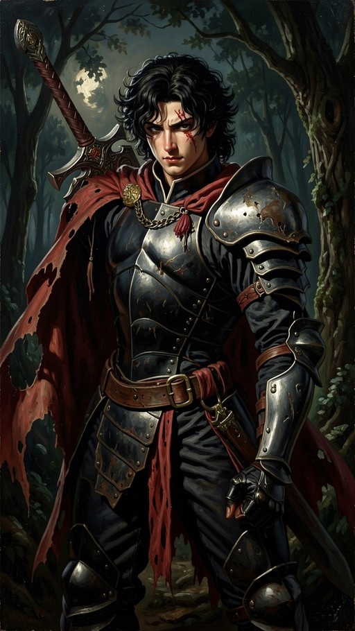 A young man with black hair wearing dented plate armor and a torn red cape stands in a dark forest holding a large sword over his shoulder under the moonlight.