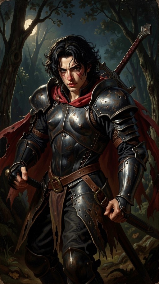 A digital painting of a fantasy warrior in dented plate armor and a red cape standing in a moonlit forest, holding a sword with scratches on his face.