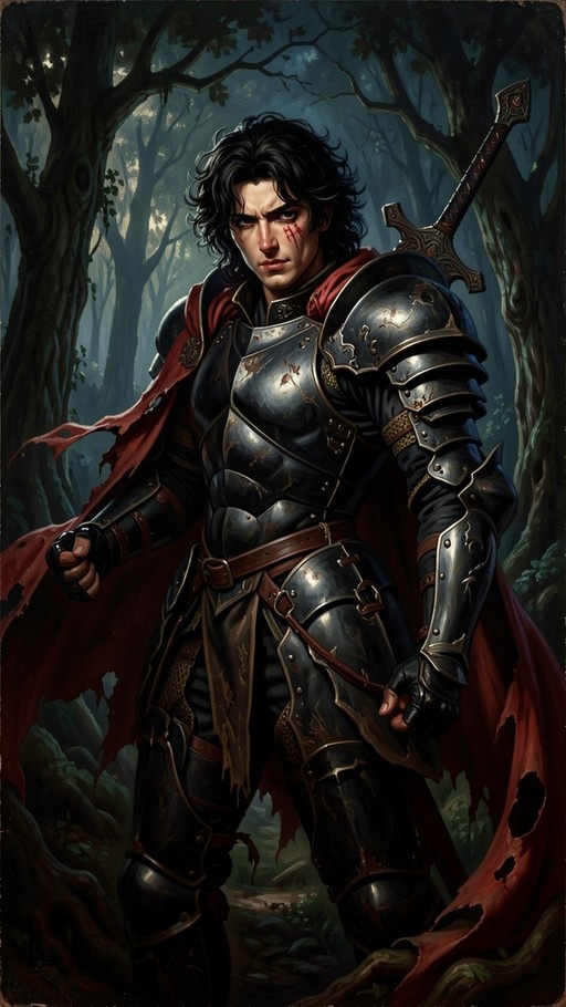 A fantasy warrior in black plate armor and a red cape stands in a dark forest with a sword on his back and red marks on his face.