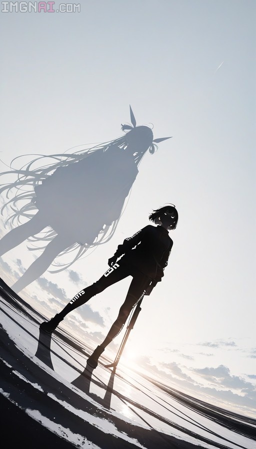 A silhouette of an anime girl in a tracksuit holding a rifle against a bright sky, with a large translucent figure of another girl standing behind her.