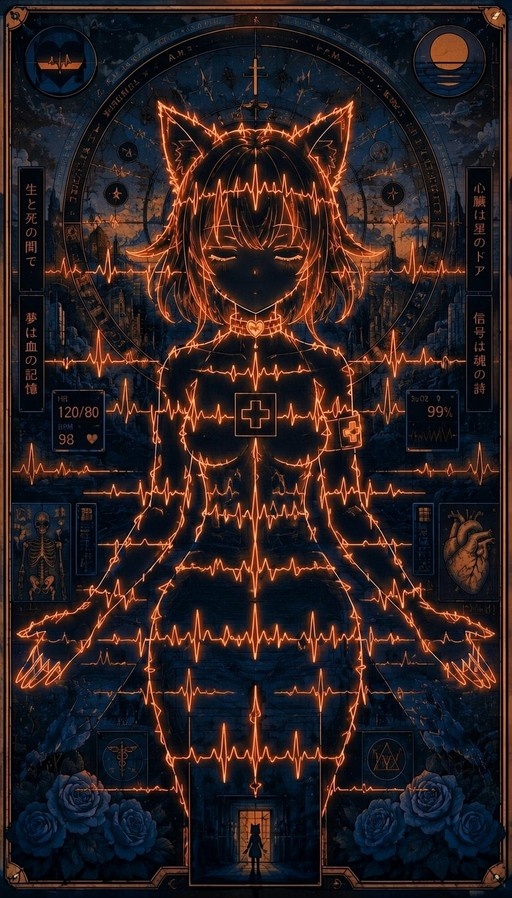 A cat girl with short hair and animal ears is depicted as a silhouette of glowing orange EKG lines against a dark blue background filled with medical diagrams and blue roses.