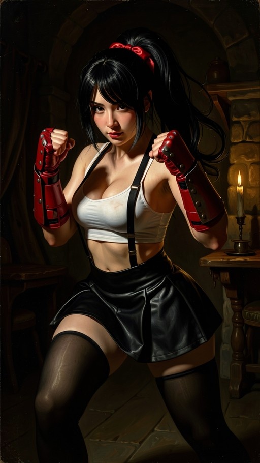 Tifa Lockhart from Final Fantasy VII posing in a fighting stance with red gauntlets and a candlelit background.
