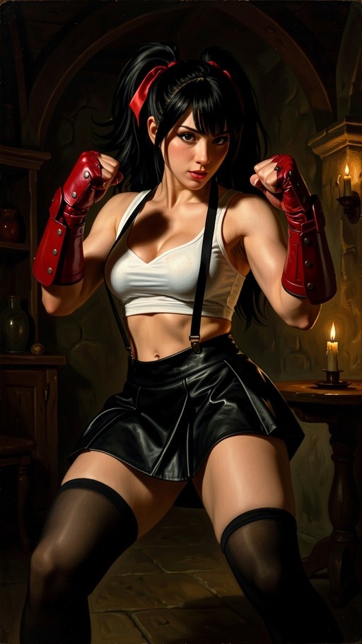 Tifa Lockhart from Final Fantasy VII in a fighting pose wearing her white crop top and red gloves.