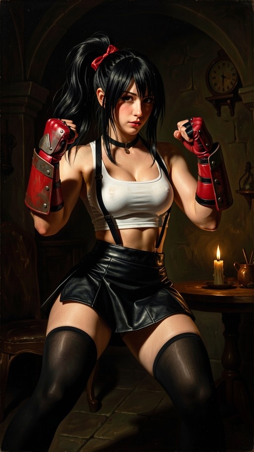 Tifa Lockhart from Final Fantasy VII in a fighting pose wearing her signature outfit and red gauntlets
