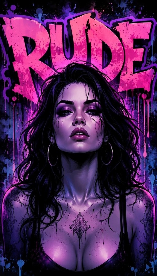A digital illustration of a tattooed woman with long dark hair and purple skin standing in front of the word RUDE written in dripping pink graffiti letters.