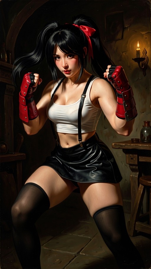 Tifa Lockhart from Final Fantasy VII in a fighting stance wearing her signature outfit.
