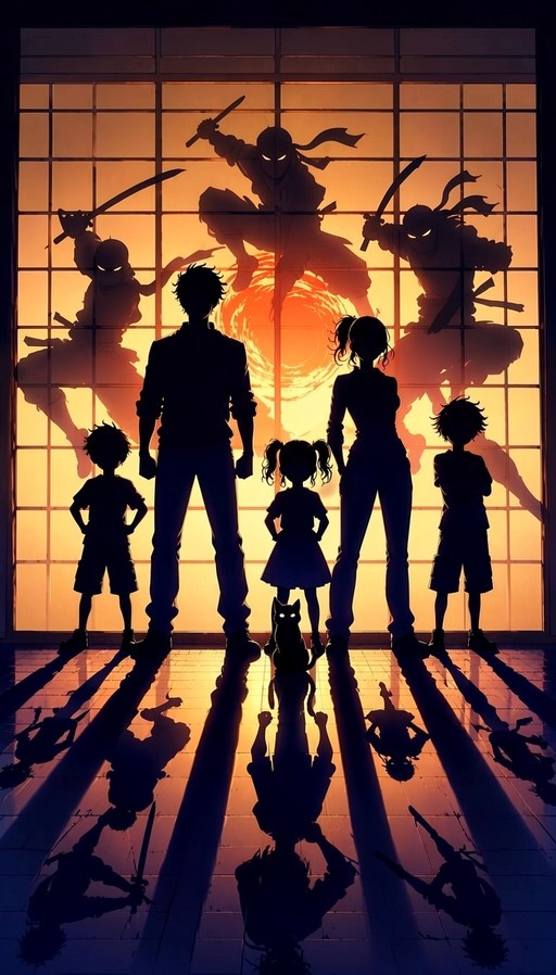 Silhouette of a family with three children and a cat standing before a shoji screen displaying three jumping ninjas with swords against an orange background.