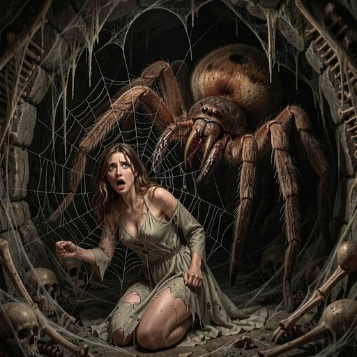 A terrified woman in a torn dress kneels on the floor of a dark cave filled with cobwebs and bones, looking up at a giant hairy spider looming behind her.
