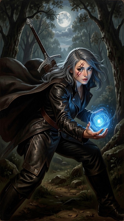 A silver-haired woman in a leather coat holds a swirling blue magical orb in a moonlit forest with a sword strapped to her back.