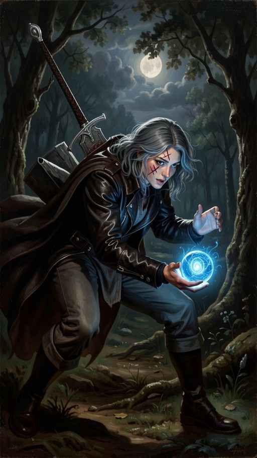 Silver-haired fantasy warrior holding a glowing blue magic orb in a moonlit forest with a sword on his back