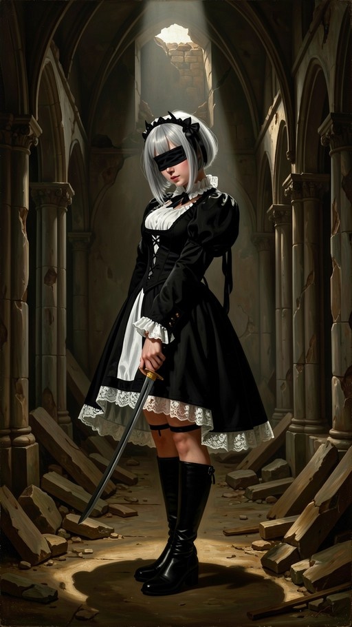 A blindfolded woman with short white hair holding a sword in a ruined stone building.