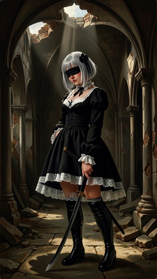 A digital illustration of the character 2B from Nier: Automata standing in a ruined stone hall with sunlight streaming down, holding a katana.