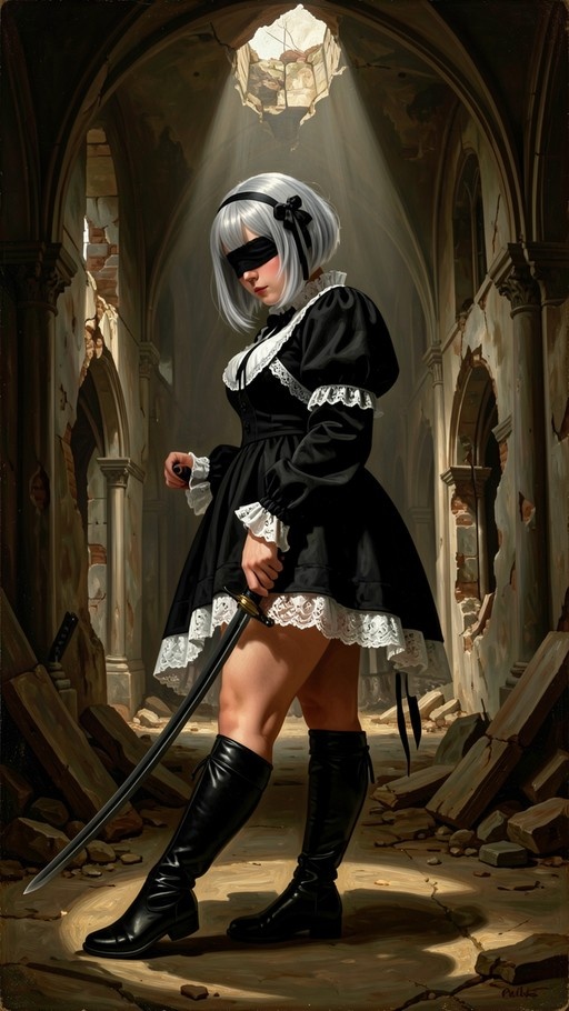 Full-body digital painting of 2B from Nier: Automata standing in a ruined stone hall, wearing a black lace-trimmed dress and tall boots while holding a katana beneath her blindfolded gaze.