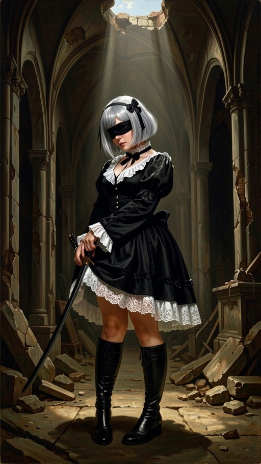 A digital painting of 2B from Nier: Automata standing in a ruined cathedral holding a sword