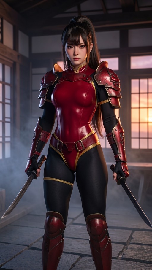 A full-body shot of a female warrior with brown hair in a ponytail, wearing red and black armor over a bodysuit, standing indoors while holding two swords at her sides.