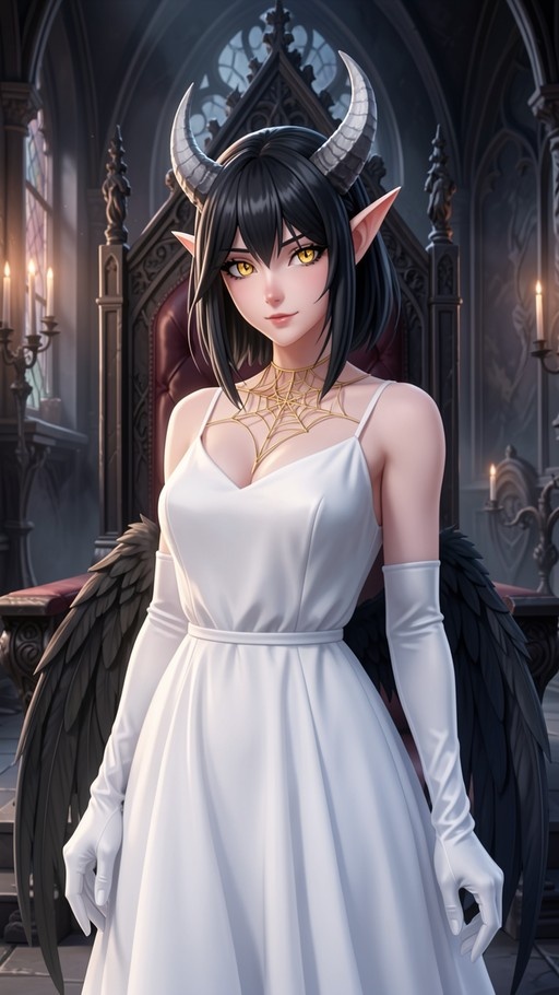 A demon girl with black hair, yellow eyes, and curved horns stands in a white wedding dress with black wings in a gothic hall.