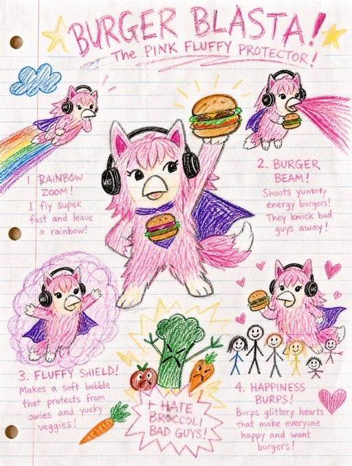 A colorful crayon drawing on lined notebook paper shows a pink fluffy bird-like superhero named Burger Blasta wearing headphones and a cape, surrounded by illustrations of its silly powers like shooting burgers and burping hearts.